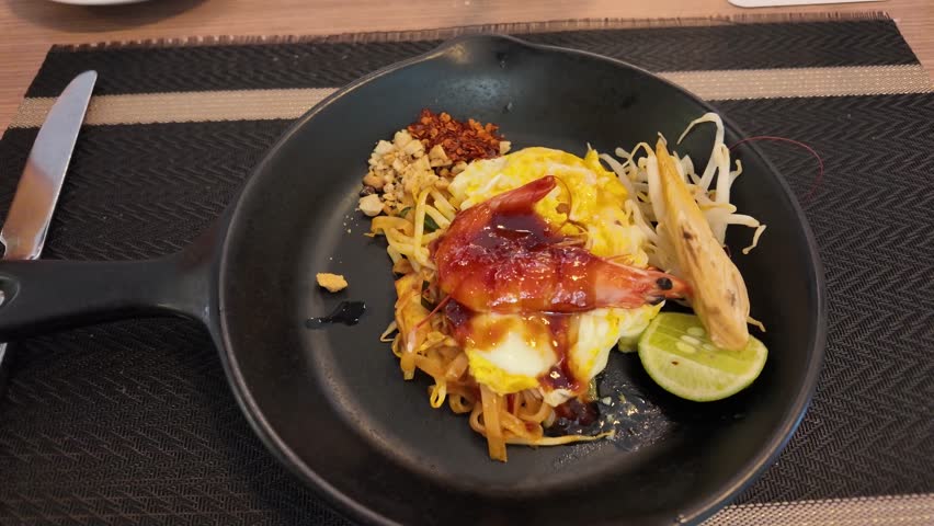 Camera video of Thai pad thai noodles with shrimp and egg	