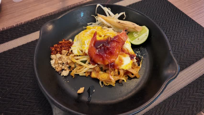 Camera video of Thai pad thai noodles with shrimp and egg	