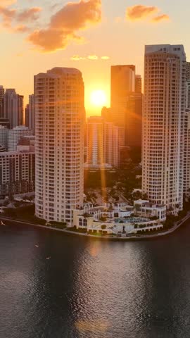 Miami Beach Skyline In Miami Beach Florida United States. Stunning Tropical Coastline Beach Scene Viewed From Above. Sunset Sky Background Downtown Cityscape. Sunset Exterior Up Above.