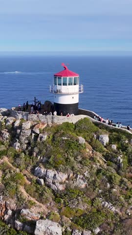 Famous Cape Point In Cape Town South Africa. Aerial View Of A Landmark Tall Lighthouse In A Coast Beach. Shore Horizon Beach Sea. Shore Beach Travel. Cape Town Western Cape.