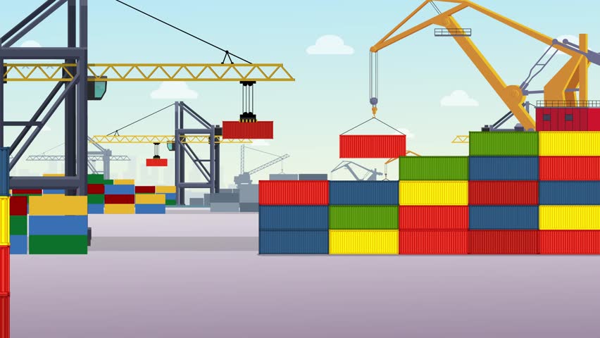 Port Yard Background Animation Video, Cartoon Sea Port Animated Clip, Truck Moving, Crane Animation, Vector Animation Clip, MP4, 1080P