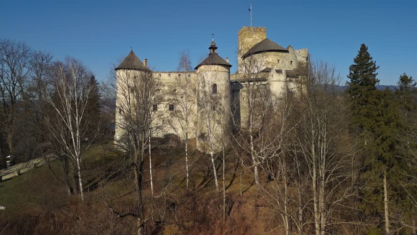 Medieval Niedzica Castle (Zamek Dunajec) standing on a hilltop, surrounded by bare deciduous trees against a clear blue sky in Poland.