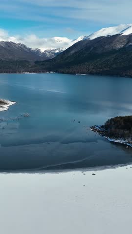 Escondido Lake In Ushuaia Fin Del Mundo Argentina. Tropical River With A Scenic Forest Trees Viewed From Above. Snowing Day Tourism Patagonia Landscape Frozen. Patagonia Landscape Frost Outdoor.