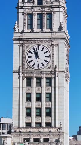 Tribune Tower In Chicago Illinois United States. Modern Glass Skyscraper Soars Above A Bustling City. Business Sky Downtown Cityscape. Backgrounds Up Above. Chicago Illinois.