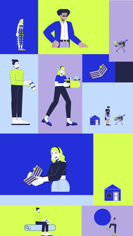 Economic hardship and job loss animated bento grid layout. Career lost. Financial difficulty. Income struggles 2D animation flat cartoon ui collage design. Vertical 4K video motion graphic collection