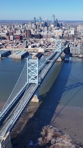 Benjamin Franklin Bridge In Philadelphia Pennsylvania United States. Traffic Is Moving Across A Modern Cable-Stayed Bridge. Business Sky Downtown Cityscape. Outdoors Downtown Famous.