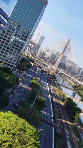 Pinheiros Road In Sao Paulo Brazil. Breathtaking Aerial View Of Busy Traffic In A Freeway Road. Construction Landscape Commercial Building Vibrant. Construction Corporate Town. Sao Paulo Brazil.