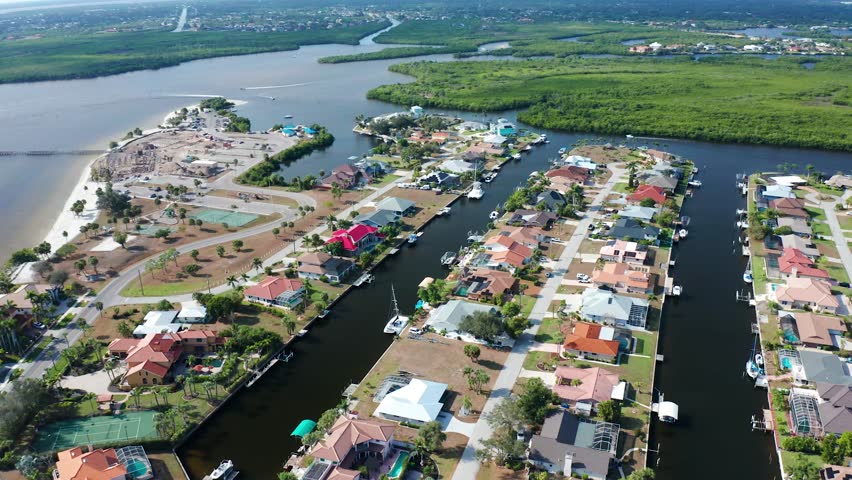 Neighborhood with houses lining narrow canals filled with boats, adjacent to mangrove forests and a sandy beach area under clear skies in Florida.