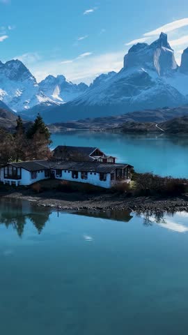 National Park In Torres Del Paine Puerto Natales Chile. Birds Eye View Of Peaceful Mountains Valley And Forest Trees. Nature Travel Snow Covered Forest Trees. Nature High Angle View.