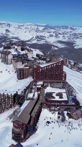 Ski Station Skyline In Santiago Chile. Ski Lift Passing Over Frozen Mountain In Winter Landscape. Nature Travel Snow Covered Forest Trees. Nature Landmark Andes Aerial Landscape. Santiago Chile.