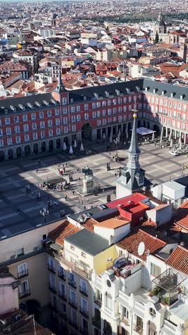 Plaza Mayor In Madrid Spain. Aerial View Of A City Park Surrounded By Busy Streets And Buildings. Construction Landscape Company Building Stunning. Company Building. Madrid Spain.