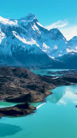 National Park In Torres Del Paine Punta Arenas Chile. Stunning Countryside Life Landscape Viewed From Above. Snowy Lake Expedition Exploring. Forest Trees Expedition Nature.