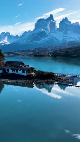 National Park In Torres Del Paine Puerto Natales Chile. Amazing Countryside Scenery Near Farm And Forest Trees. Snowy Lake Expedition Exploring. Forest Trees Expedition Nature.