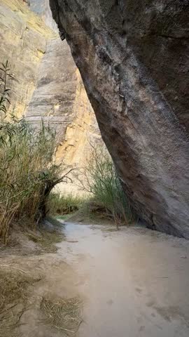 Trail With Giant Overhanging Boulder and Sunlit Cliffs (Big Bend National Park, Texas, USA)