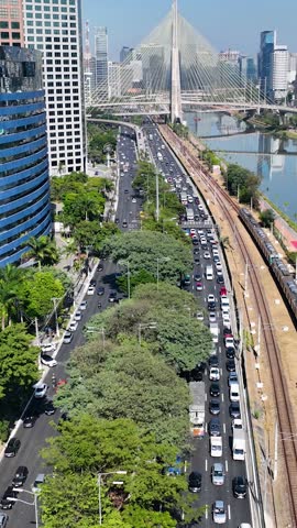 Cable Stayed Bridge In Downtown Sao Paulo Brazil. Capturing The Hustle And Bustle Of A Vibrant City From Above. Construction Landscape Commercial Building Vibrant. Construction Corporate Town.