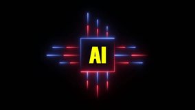 It features the letters "AI" within a central square, resembling a computer chip or processor. neon-style red and blue glowing lines to evoke a futuristic, technological feel, suggesting data flow or circuitry.  - Powered by Shutterstock - Get 15% off with code: PIKWIZARD15