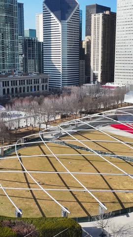 Millennium Park In Chicago Illinois United States. Aerial View Of Green Space Surrounded By Lush Forest Trees. Town Sky Backgrounds Urban. Town Panoramic City. Chicago Illinois.