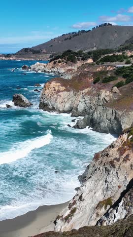 Coast Rocks In Highway 1 California United States. Beaches Of California Big Sur In Pacific Coast Highway. Coast Horizon Seaside Summertime. Outdoor Seaside Panning Wide. Highway 1 California.