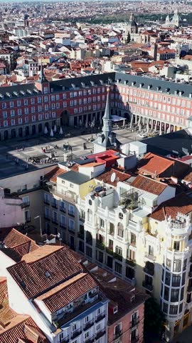 Mayor Square In Madrid Spain. Beautifully Designed Park Adorned With Lush Greenery. Business Sky Downtown Cityscape. Outdoors Downtown Up Above. Madrid Spain.