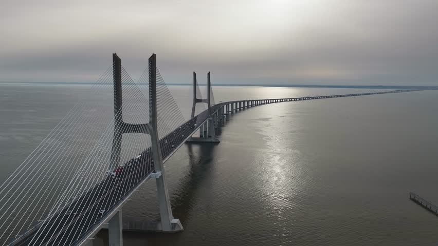 Aerial Drone View of Vasco da Gama Bridge Over the Tagus River