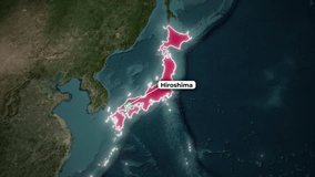 3D satellite map animation of Japan on Earth globe with Hiroshima prefecture highlighted in red and labeled. Professional motion graphic for news or travel. - Powered by Shutterstock - Get 15% off with code: PIKWIZARD15