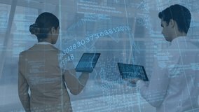 Animation of globe and data processing over diverse business people using tablets. Global business, technology, connections and data processing concept digitally generated video. - Powered by Shutterstock - Get 15% off with code: PIKWIZARD15