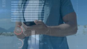 Animation of financial data processing and statistics over caucasian man using smartphone. Global business, data processing and technology concept digitally generated video. - Powered by Shutterstock - Get 15% off with code: PIKWIZARD15