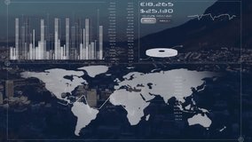 Animation of infographic interface over aerial view of cityscape with mountain and clear sky. Digital composite, multiple exposure, global, report, finance, business, data and technology concept. - Powered by Shutterstock - Get 15% off with code: PIKWIZARD15