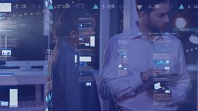 Animation of data processing over diverse business people using tablet. Global business, technology and digital interface concept digitally generated video. - Powered by Shutterstock - Get 15% off with code: PIKWIZARD15