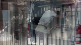 Animation of multiple graphs moving over caucasian man loading boxes in vehicle at warehouse. Digital composite, multiple exposure, report, finance, shipping, delivery and distribution concept. - Powered by Shutterstock - Get 15% off with code: PIKWIZARD15