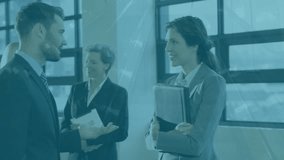 Animation of financial data processing over caucasian businessman and businesswoman discussing. Global finance and business technology concept - Powered by Shutterstock - Get 15% off with code: PIKWIZARD15