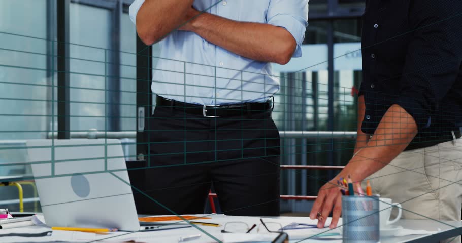 Animation of tunnel in seamless pattern over two diverse men discussing at office. Business technology concept