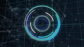 Animation of neon round scanner and network of connections over grid network against blue background. Computer interface and business technology concept - Powered by Shutterstock - Get 15% off with code: PIKWIZARD15