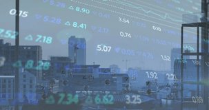 Animation of stock market data processing against aerial view of cityscape. Global economy and business technology concept - Powered by Shutterstock - Get 15% off with code: PIKWIZARD15