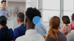 Animation of network of connections with icons over diverse colleagues discussing work. Business, teamwork and digital interface concept digitally generated video. - Powered by Shutterstock - Get 15% off with code: PIKWIZARD15