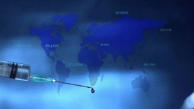 Animation of world map and financial data processing over syringe with needle. Global science, business, connections, computing and data processing concept digitally generated video. - Powered by Shutterstock - Get 15% off with code: PIKWIZARD15