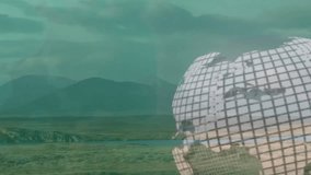 Semi-transparent wireframe globe floating over river plain, hills rising under cloudy mountains. Geography, landscape, earth, ecology, nature, environment, topography - Powered by Shutterstock - Get 15% off with code: PIKWIZARD15