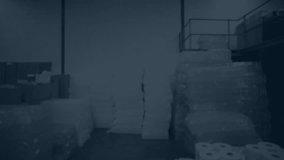 After warehouse light dimming, red graph rising over pallets, blue bars fluctuating to show trends. Industrial, analytics, data visualization, fluctuation, technology, logistics, modern - Powered by Shutterstock - Get 15% off with code: PIKWIZARD15