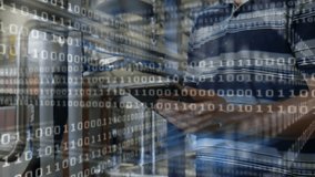 Technician tapping tablet in data center, swiping screens and checking binary overlay status. Technology, cybersecurity, data management, hardware, digital, industrial, network - Powered by Shutterstock - Get 15% off with code: PIKWIZARD15