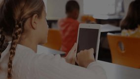 Girl raising tablet activating transparent overlay, tapping and analyzing real-time education data. Technology, education, digital, interface, interaction, classroom, innovation - Powered by Shutterstock - Get 15% off with code: PIKWIZARD15