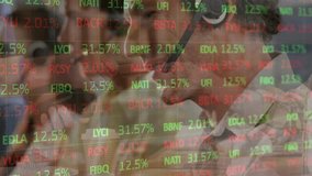 Animation of financial data processing over diverse business people using phone headsets in office. Global business, finance, computing and data processing concept digitally generated video. - Powered by Shutterstock - Get 15% off with code: PIKWIZARD15