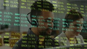 Animation of financial data processing over diverse business people using phone headsets in office. Global business, finance, computing and data processing concept digitally generated video. - Powered by Shutterstock - Get 15% off with code: PIKWIZARD15