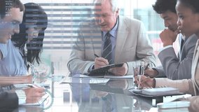 Animation of financial data processing over diverse business people having meeting at office. Global business, finances and digital interface concept digitally generated video. - Powered by Shutterstock - Get 15% off with code: PIKWIZARD15