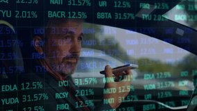 Animation of statistics and data processing over caucasian businessman using smartphone. Global business, finances, computing and data processing concept digitally generated video. - Powered by Shutterstock - Get 15% off with code: PIKWIZARD15