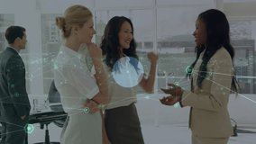 The scene shows two businesswomen talking together in an office. Global education networks connections and digital interface concept digitally generated video. - Powered by Shutterstock - Get 15% off with code: PIKWIZARD15