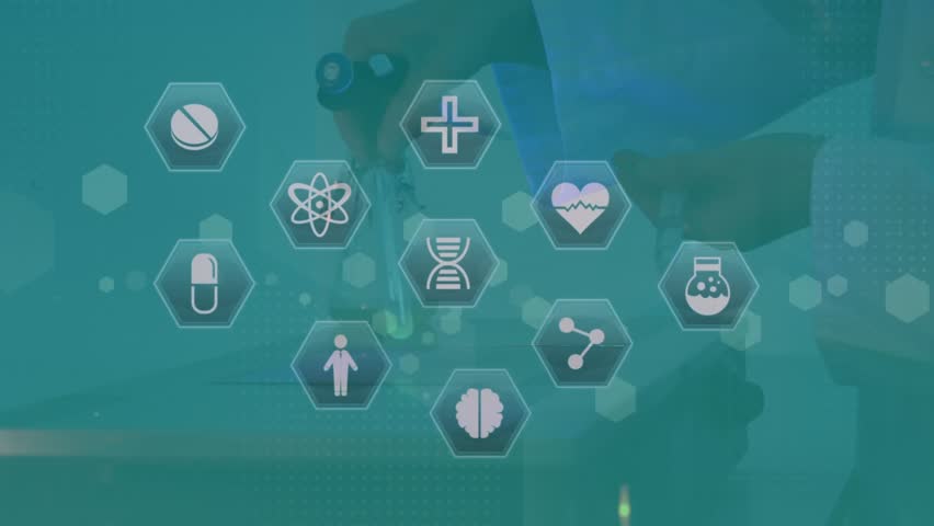 Animation of medical icons over caucasian male scientist holding beaker in lab. Global science and digital interface concept digitally generated video.
