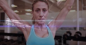 Animation of neon digital clock and data processing over smiling men and women exercising. Global connections global global. - Powered by Shutterstock - Get 15% off with code: PIKWIZARD15