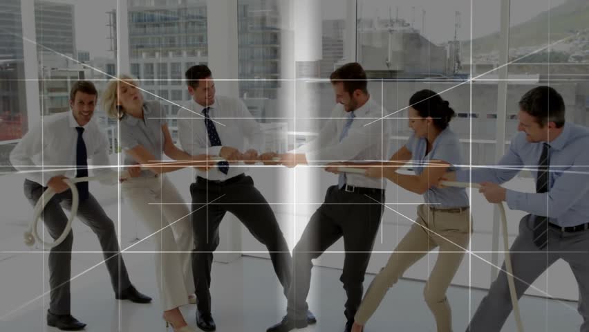 Business people playing tug of war, teamwork concept animation over office background. collaboration, corporate, competition, leadership, strategy, motivation