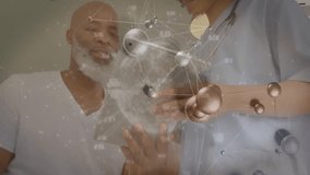 Female nurse examining male patient in medical clinic, with network overlay illustrating data links. Medical, technology, connectivity, innovation, professionalism, collaboration, healthcare - Powered by Shutterstock - Get 15% off with code: PIKWIZARD15