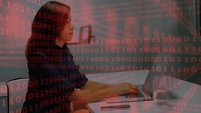 woman typing on laptop with smartphone nearby in tech office, red binary code streaming on screen. Technology, digital, innovation, productivity, modern, business, communication - Powered by Shutterstock - Get 15% off with code: PIKWIZARD15